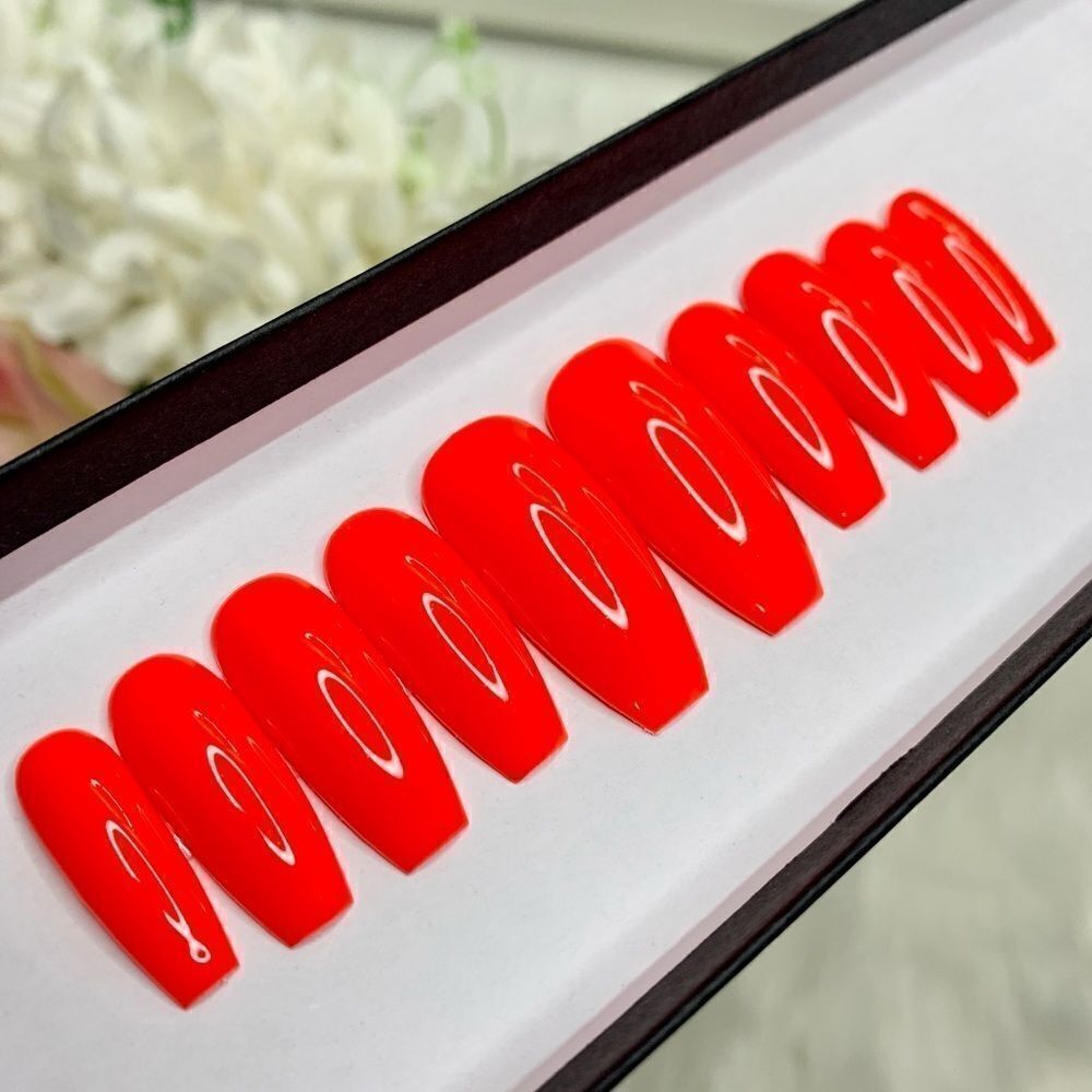 Red Orange Classic Press On Nails | Handmade | Glue on Nails | Custom Nails - Picture 2 of 11